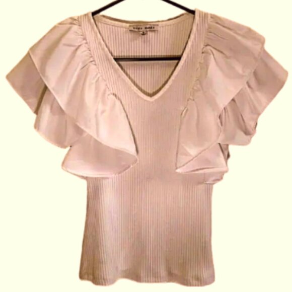 Haute Monde Women's Layered Flutter Sleeves Ribbed Blouse Blush Pink Size Medium - Picture 7 of 14